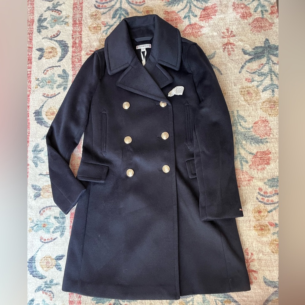 Tommy Hilfiger Navy Pea Coat with Gold Buttons NWT